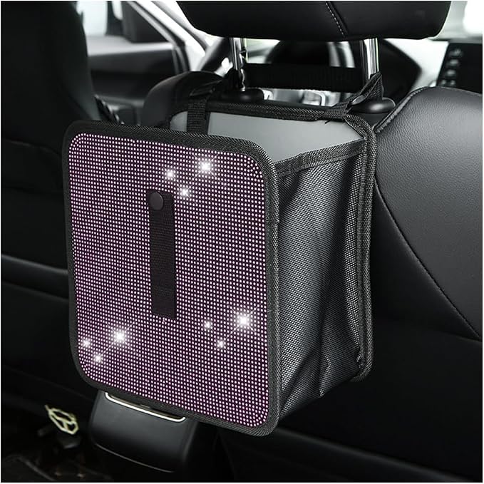 BELOMI Car Foldable Trash Can, Bling Rhinestone Crystal Auto Hanging Waterproof Leakproof Garbage Bin, Vehicle Waste Basket Dustbin, Multipurpose Car Organizer Accessories for SUV Truck RV (Pink)