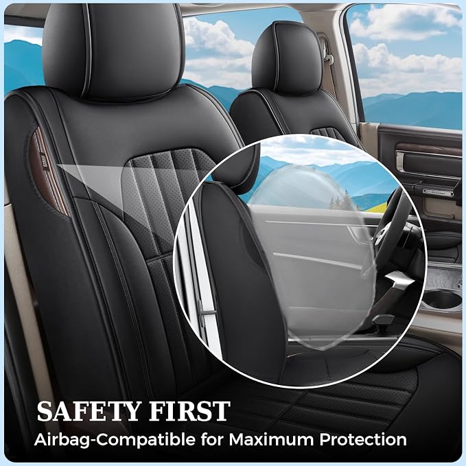 Truckiipa Dodge Ram Seat Covers Full Set, Full Coverage Luxury Car Seat Covers Waterproof Leather Protector Truck Accessories, Custom Fit for 2002-2018 Ram 1500, 2002-2025 Ram 2500 3500 Crew Mega Cab