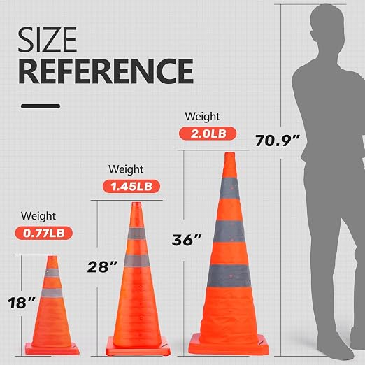 BATTIFE [4 Pack] 36 Inch Collapsible Traffic Safety Cones, Orange Cones, Multi Purpose Pop-up Cones with Reflective Collar, for Road Parking, Driving Practice