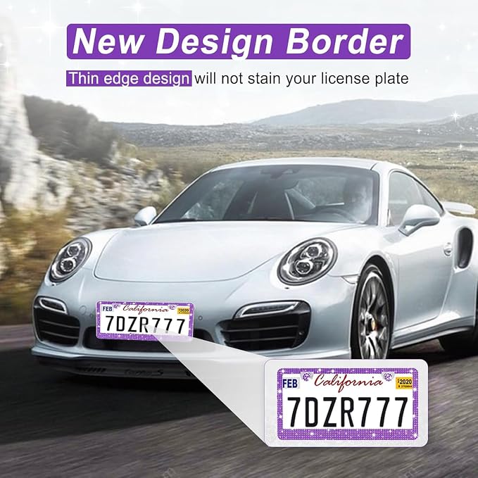 Amiss Bling License Plate Frame for Women, 1Pack Rhinestone Handcrafted Crystal Premium Stainless Steel, Stainless Steel Car Decorative Accessories with Diamond Sparkle Glitter Caps (Purple)
