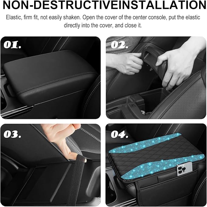 NBTEPEM Bling Car Center Console Cover, Leather Middle Console Cover with 2 Storage Bags, Universal Arm Rest Cover Protector, Bling Car Accessories Interior Fit for Most Vehicles, Aquamrine Diamond