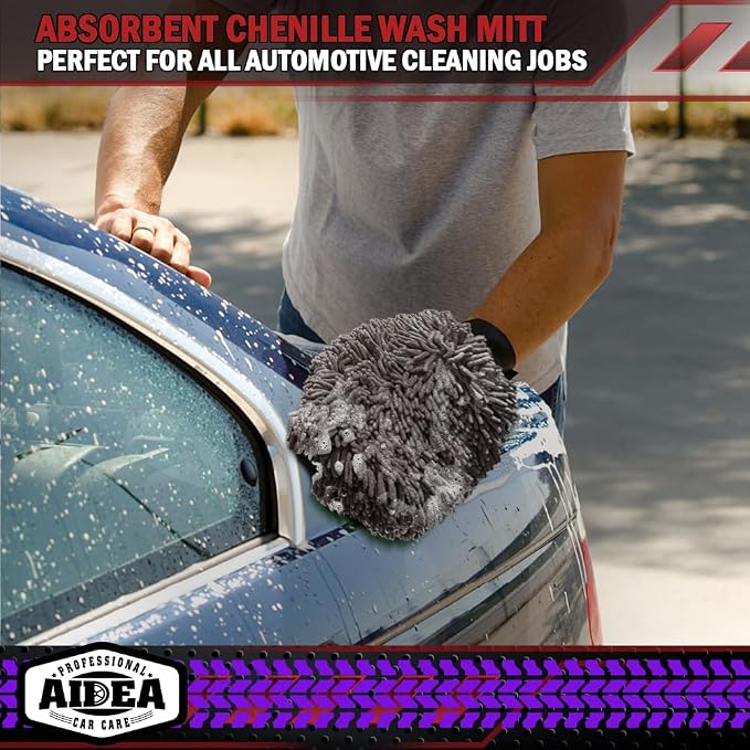 AIDEA Car Wash Mitt Microfiber, 2PK, Car Wash Brush, Grey, 7.12''X10.14'' | Scratch Free Lint Free Premium Chenille Microfiber Mitt, Cleaning Supplies, Regular Size