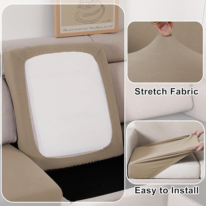 100% Waterproof Couch Cushion Covers L Shaped Chaise Cover, Stretch Seat Covers for Sectional Sofa, Reversible Couch Sofa Protector Covers for Kids Pets (Chaise Cover, Sand)