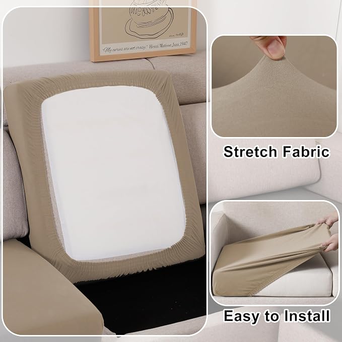 100% Waterproof Couch Cushion Covers, Replacement Sofa Cushion Covers, Stretch Individual Sofa Seat Cushion Slipcovers Furniture Protector for Kids Pets (3-Piece Sofa Cushion Cover, Sand)