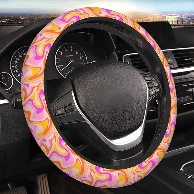 Groovy 70s 80s Vintage Aesthetic Steering Wheel Cover For Women Men Girls Car Accessories Decor Anti-Slip Neoprene Auto Steering Wheel Covers Protector Universal 15 Inch
