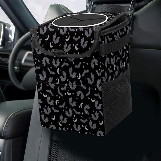 Car Trash Can with Lid Black Gray Bats Collapsible Reusable Leak-Proof Auto Garage Bag,Hanging Vehicle Car Accessories Interior Car Organizer