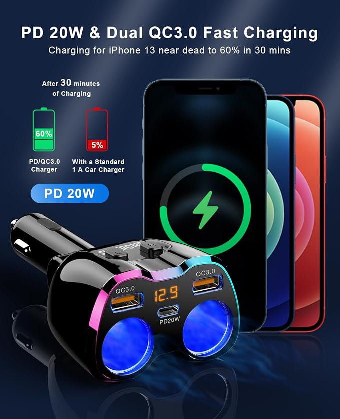 2026 Upgraded Cigarette Lighter Splitter, SUPERONE 180W 2-Socket Cigarette Lighter Adapter with Dual QC3.0 and 20W PD USB C Car Charger Splitter for GPS/Dash Cam/Laptop/iPad/iPhone 17/16/15/14/13/12