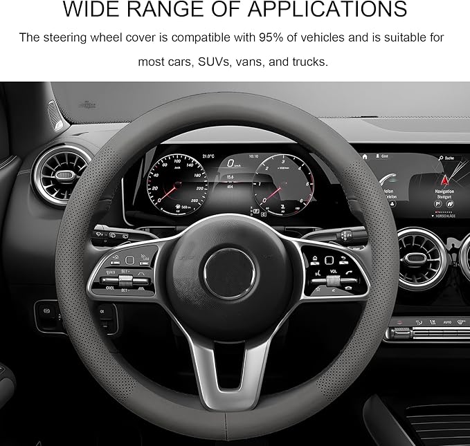 Car Steering Wheel Cover, 15 Inch Breathable Leather Automotive Steering Wheel Protector, Non-Slip Perforated Vehicle Wheels Cover for SUV Truck Van, Interior Car Accessories (Gray)