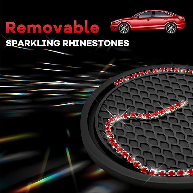 2PCS Bling Car Cup Coaster, 2.69 Inch Anti-Slip Auto Cup Holder Drink Mat w/Crystal Rhinestones, Universal Shiny Diamond Vehicle Insert Coasters Cups Mats for Women (Black & Red)
