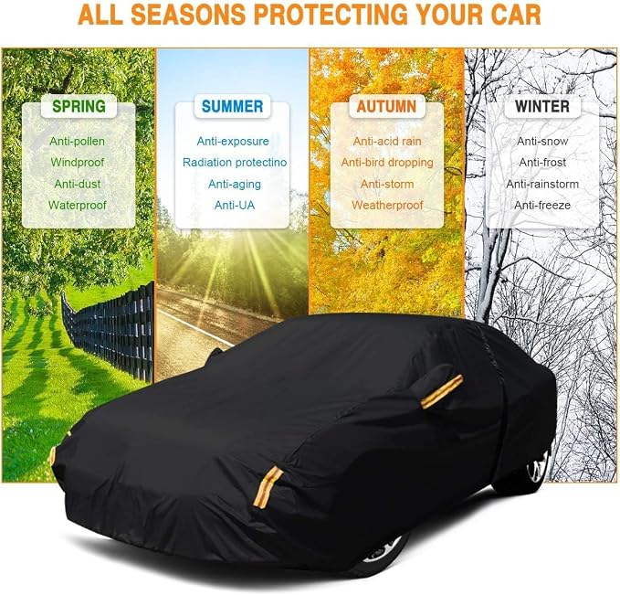 NEVERLAND Sedan Car Cover Waterproof Heavy Duty All Weather Protection Snow Anti-UV Windproof Outdoor Full Car Cover Fit for Automobiles BMW/Mercedes-Benz/Honda（for Car Size:196''L x 72''W x 59''H）