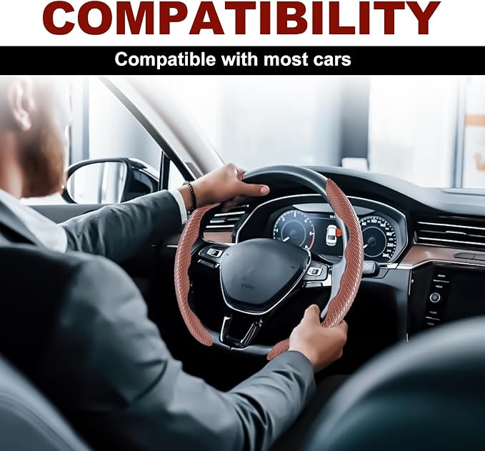 Universal Fit Carbon Fiber Steering Wheel Cover, Segmented Steering Wheel Protector, Carbon Fiber Anti-Skid Steering Wheel Cover Car Interior Accessories (2 Pcs Brown)