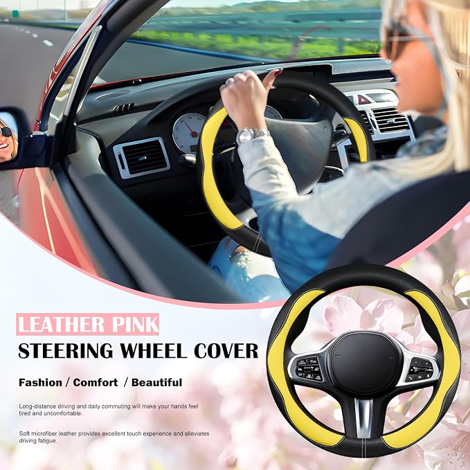 SuperKaKa Car Steering Wheel Cover 2025, Universal Auto PU Cute Breathable Slip-Proof Comfort Imitation Leather Protector Cars Interior Accessories for Women Men Fit Most Vehicle (Yellow)
