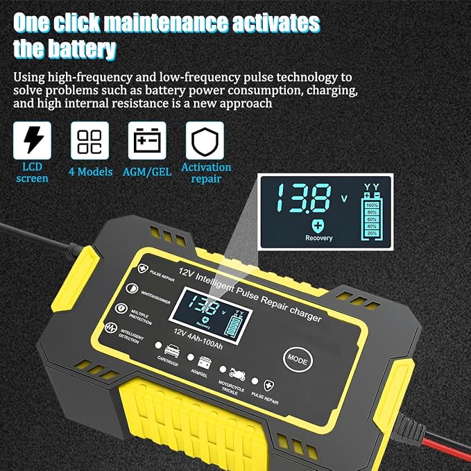 Car Battery Charger, 12V 6A Smart Fully Trickle Vehicle Battery Charger & Desulfator with Temperature Compensation, Portable Automotive Power Maintainer, Universal Fit (Yellow)