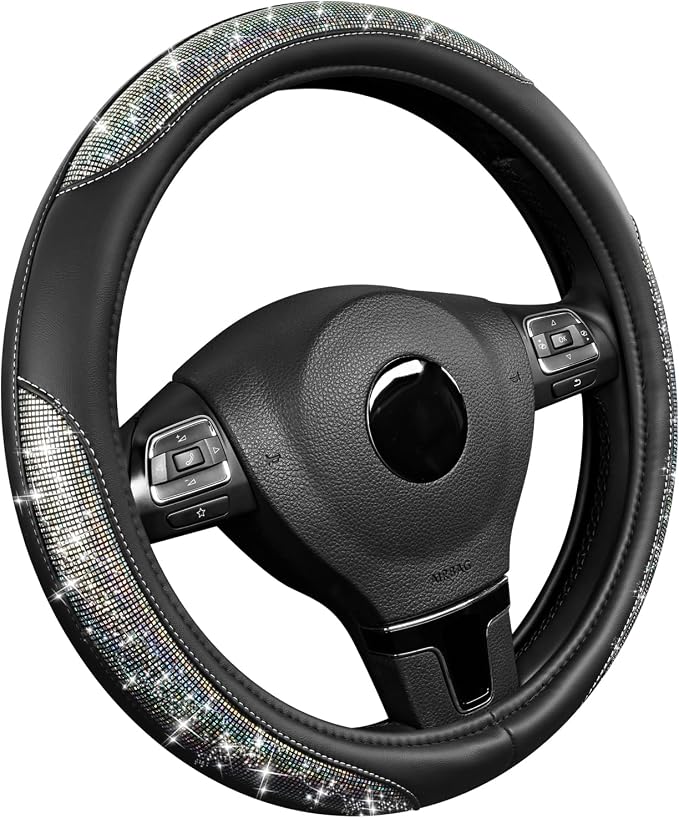 Road Comforts Pixel Glitter Steering Wheel Cover, 14.5–15 Inch Leather Steering Wheels Snug Fit, Anti-Slip Leather Grip, Elegant Sparkle Design, Universal Fit - Black