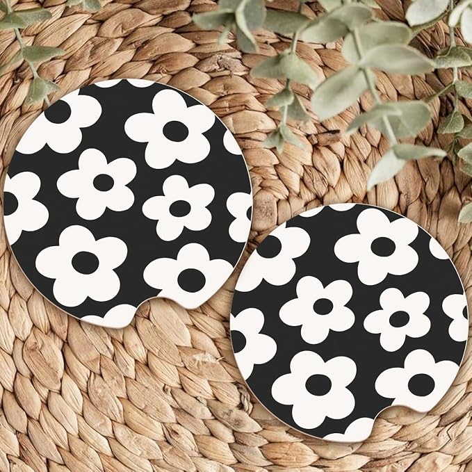 Ceramic Car Coasters – Absorbent Car Cup Holder Coaster Set for Women, Cute Aesthetic Car Accessories for Girls, 2 Pack (Carbon Black)