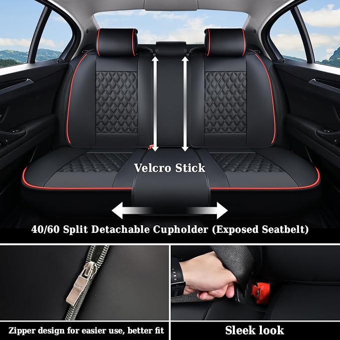 Coverado Rear Seat Covers, Sporty Non-Slip Waterproof Faux Leather Rear Protectors for Trucks SUVs, Mens Automotive Interior, Racing Style – Redline