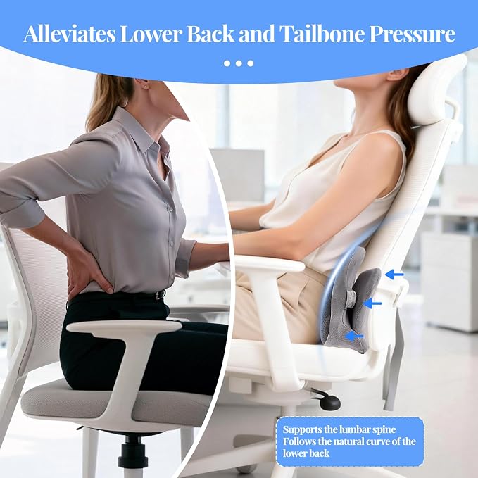 Lumbar Support Pillow for Office Chair and Car, Memory Foam Back Cushion Provides Lumbar Support to Relieve Back Pain, Ideal for Driving and Office Use (Gray)