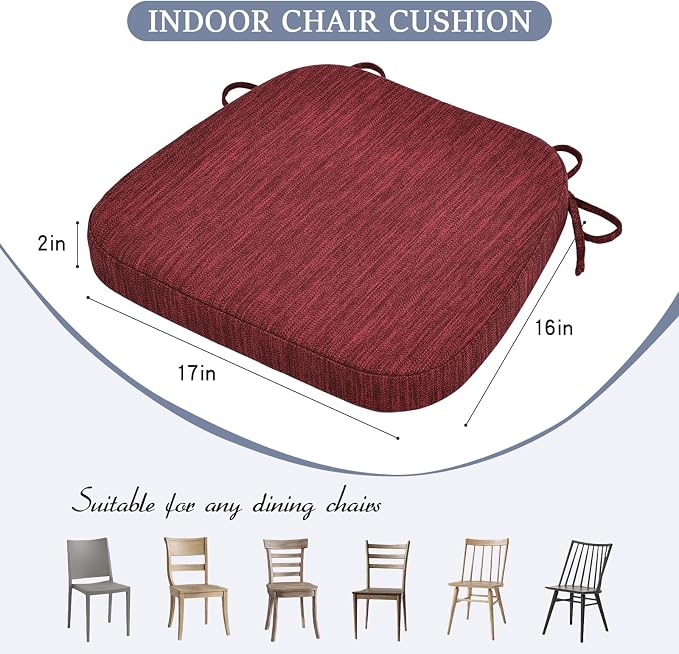 baibu Kitchen Chair Cushions, Dual-Layer Patented Design Molded Memory Foam Dining Chair Pads with Ties and Washable Cover, 17" x 16" x 2", Wine Red
