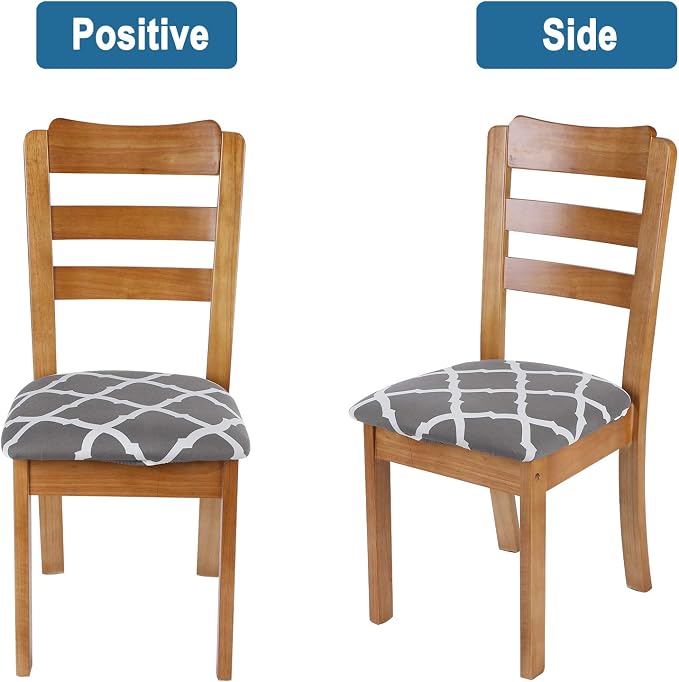 SearchI Seat Covers for Dining Room Chairs Stretch Printed Chair Seat Covers Set of 6, Removable Washable Upholstered Chair Seat Protector Cushion Slipcovers for Kitchen, Office(Grey+White)