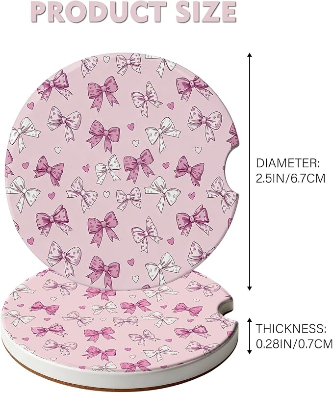 2 Pack Car Coasters for Cup Holders, Absorbent Ceramic Cup Coaster with Cork Base and Finger Notch, Cute Car Accessories Interior for Women Men