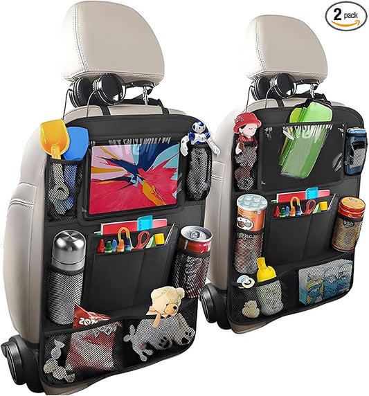 2PCS Car Backseat Organizer, Oxford Car Back Seat Protecter Kick Mat with Touch Screen Tablet Holder, Waterproof Automotive Seatback Storage Bag with Multi Functional Pockets (Regular Style)