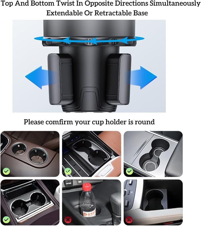 Cup Holder Expander for Car, 2-in-1 Car Cup Holder Expander Adapter with 360° Adjustable Base, Compatible with Most Large Bottles Drinks Mugs, Multiple Scenarios Use for Commuting, Road Trip (Black)