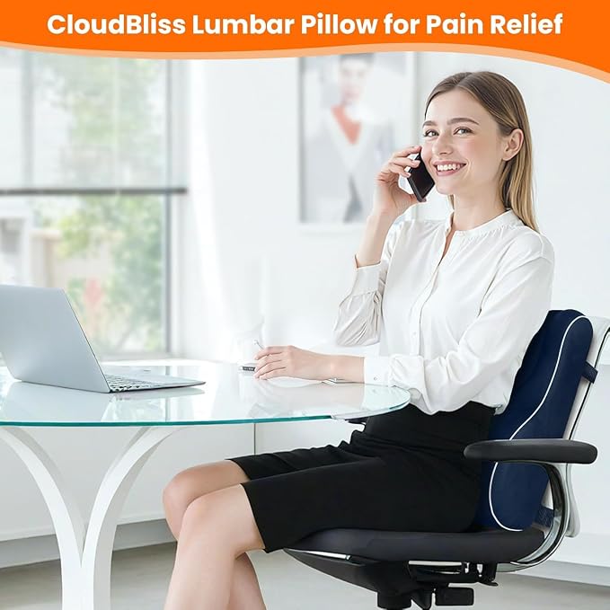 CloudBliss Ergonomic Lumbar Support Pillow Seat Cuhsion - Memory Foam for Lower Back Pain Relief, Adjustable Straps & Mesh Cover for Office, Gaming, Car Seat (Medium, Blue)