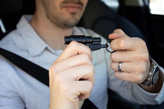 resqme The Original Emergency Keychain Car Escape Tool, 2-in-1 Seatbelt Cutter and Window Breaker, Made in USA, Family Pack of 3, Black, White, Teal - Compact Emergency Hammer