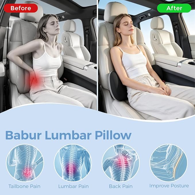 BEBAS Lumbar Support Pillow for Car, Memory Foam Back Cushion for Driving | Ergonomic Wing Wrapping, Back Pain Relief, Breathable Removable Cover, Softness, Universal Fit Car Seat, Office Chair