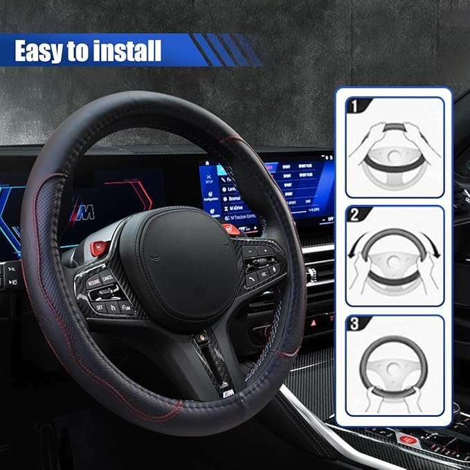 15Inch Leather Car Steering Wheel Cover for SUV, Truck, Black&Red | Anti-Slip Breathable Automotive Steering Wheel Protector, Universal Heat Resistant Vehicle Interior Accessories