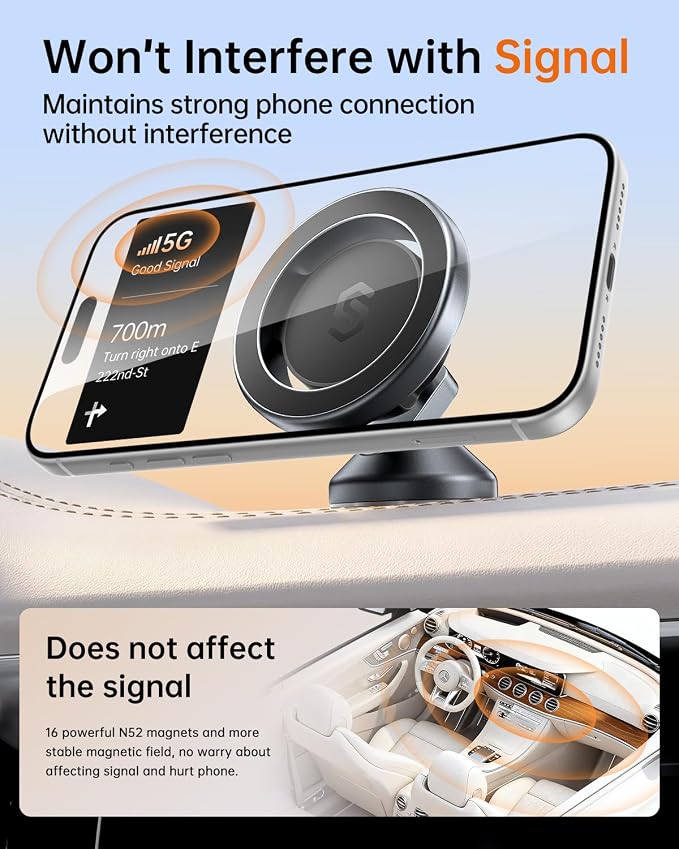 SYNCWIRE MagSafe Car Mount, Magnetic Car Phone Holder for Car Dashboard, 360° Rotating Strong Magnet Phone Mount with 3M VHB Adhesive, Compatible with iPhone 17/16/15/14/13/12 & MagSafe Cases