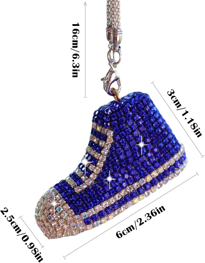 Bling Sneaker Shoe Sparkly Car Hanging Ornament, Cute Crystal Rear View Mirror Pendant, Diamond Rearview Mirror Charms, Lucky Car Interior Decor Accessories (Blue)