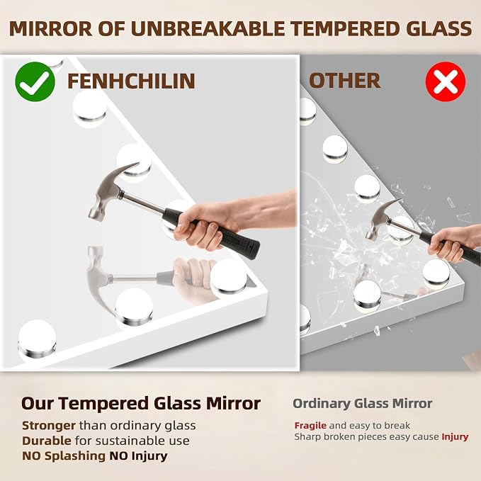 FENCHILIN Vanity Mirror with Lights, Hollywood Lighted Makeup Mirror with 15 Dimmable LED Bulbs for Dressing Room & Bedroom, Slim Metal Frame Design, Tabletop White