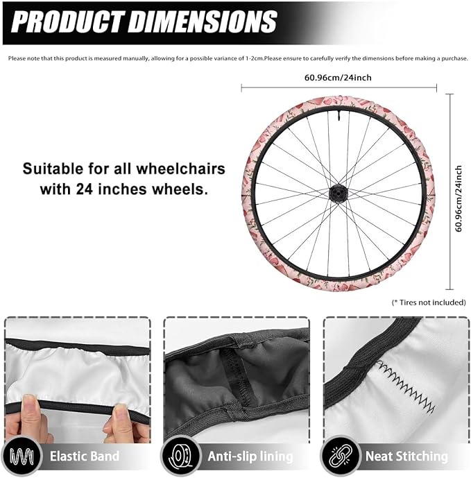 Pink Rose Wheelchair Wheel Covers Set of 2 Pink Love Heart Wheelchair Accessories Dustproof for Vacation Portable