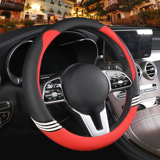 Small 14 inch Cute Leather Steering Wheel Cover Black and Red | Breathable Non-Slip Faux Leather and Carbon Fiber Car Accessories for Women Men 13.5 inch to 14 inch