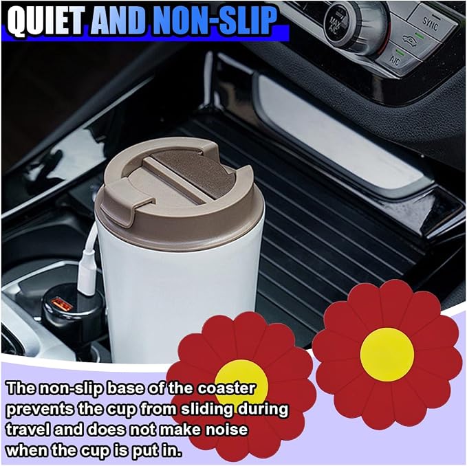 2PCS Car Cup Coaster, Flower Shaped Silicone Non-Slip Vehicle Drink Holder Insert Mat, Universal 2.75 Inch Waterproof Automotive Interior Decoration Beverage Pad Accessories (Red)