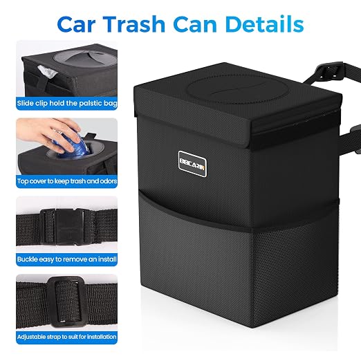 Beicarin Car Trash Can with Lid - Trash Bag Hanging with Storage Pockets Leak-Proof Collapsible and Portable Waterproof Garbage Bin, 2.05 Gallons Multipurpose Trash Bin for Car