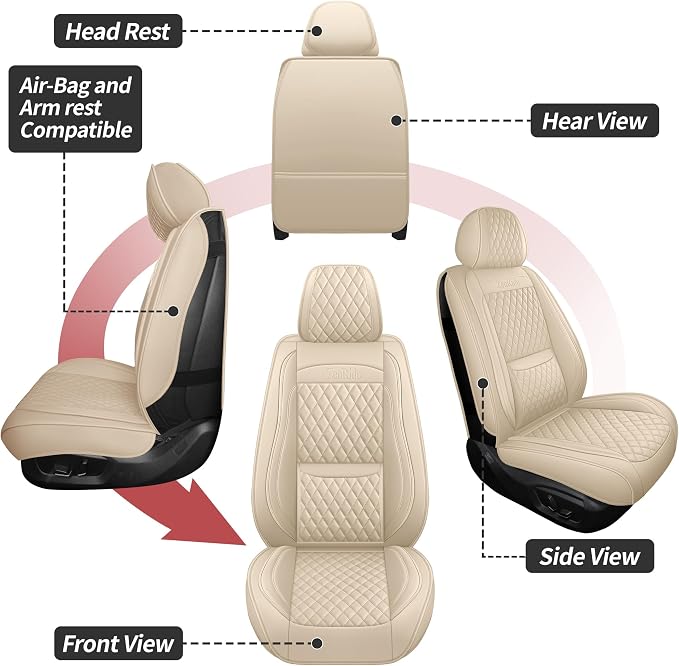 Light Beige Thick Nappa Leather Automotive Car Seat Covers Full Set | Univerasal Precision Fit,Lumbar Support,3D Contoured,Waterproof,ThickTexture,for most Suvs Trucks Sedans