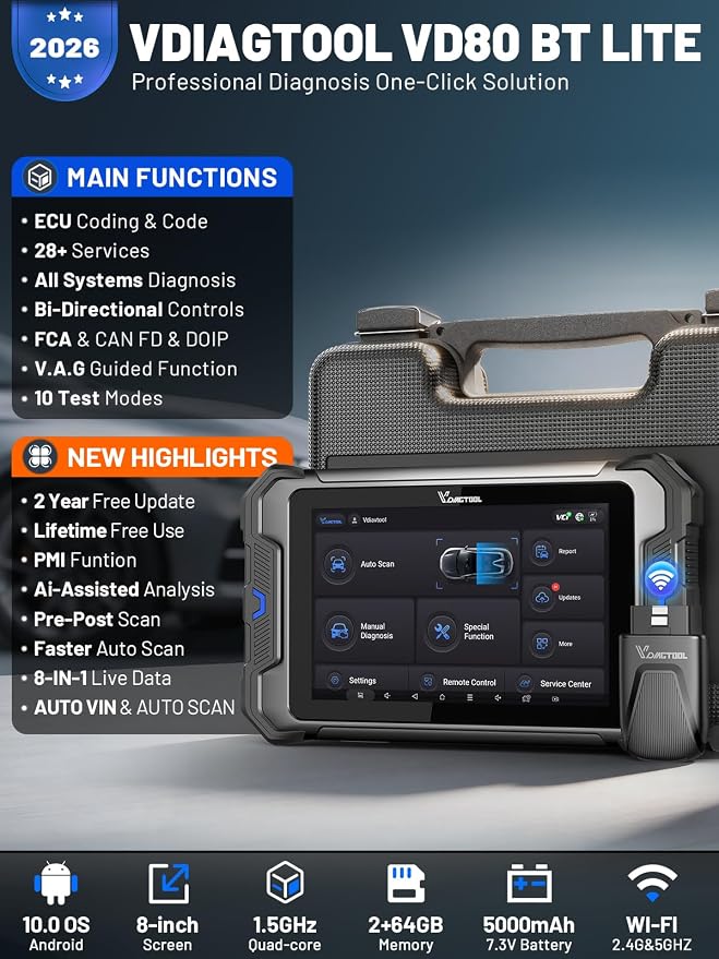 VDIAGTOOL Bidirectional Scan Tool VD80 BT Lite, 2026 8" Wireless Full System OBD2 Scanner Diagnostic Tool with 28+ Resets, Online Coding, Oil/Brake/BMS/SAS, FCA, CAN FD & DoIP, 2 Years Free Update