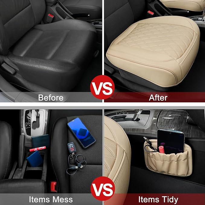 2 Pack Leather Front Car Seat Cover Bottom Car Seat, Anti-Slip and Full Wrap Driver Car Seat Protectors with Storage Pocket, Luxury Waterproof Bottom Auto Seat Cushion Pad Mat for Most Vehicles(Beige)