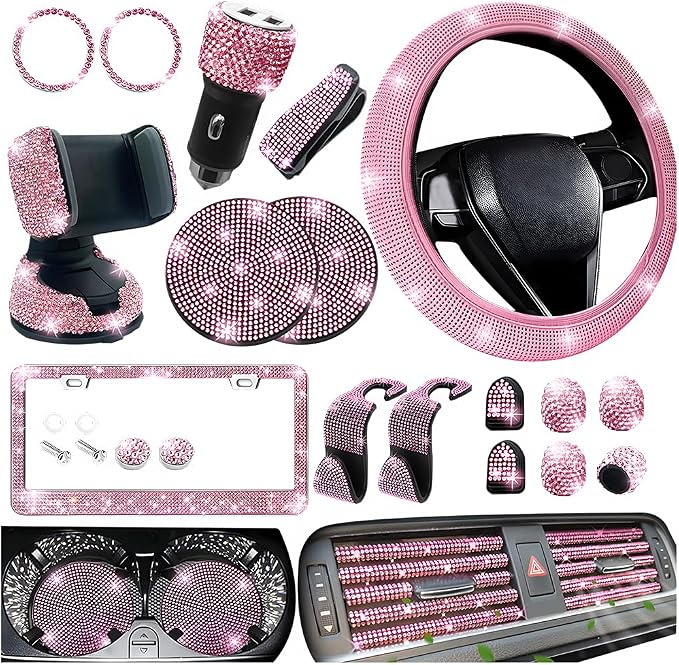 27PCS Bling Car Accessories Set for Women, 14.5-15" Rhinestone Steering Wheel Cover Cup Coaster, USB Charger Phone Holder Headrest Hook, Diamond Auto Interior Decor, Universal Fit (Pink)