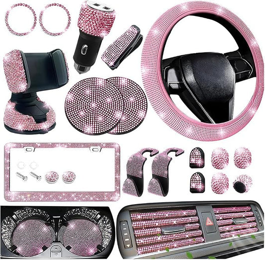 27PCS Bling Car Accessories Set for Women, 14.5-15" Rhinestone Steering Wheel Cover Cup Coaster, USB Charger Phone Holder Headrest Hook, Diamond Auto Interior Decor, Universal Fit (Pink)