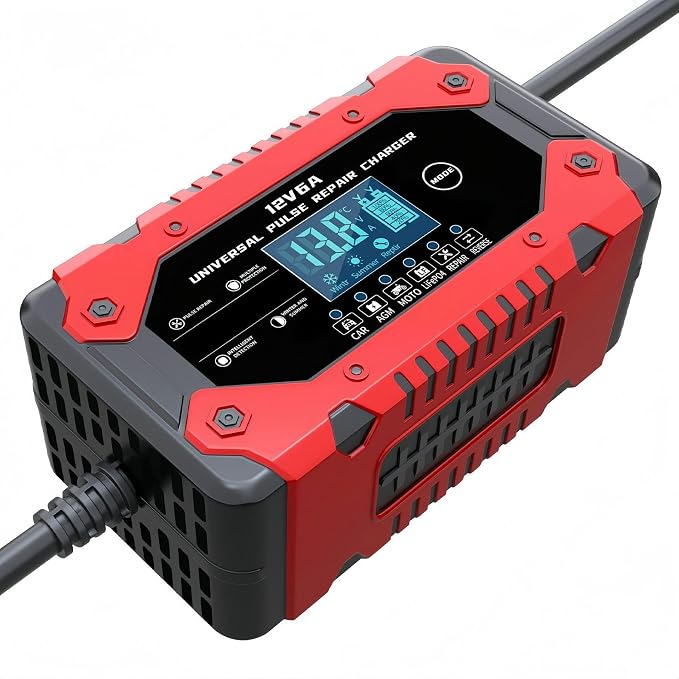 Battery Charger 6-Amp 12V Automatic Smart Battery Trickle Charger, Battery Maintainer Desulfator with Temperature Compensation for Car Truck Motorcycle Lawn Mower Marine