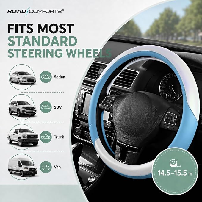 Road Comforts Steering Wheel Cover – Breathable Leather Steering Wheel Cover, Anti-Slip Grip, Universal Fit 14.5” to 15”, Heat & Cold Resistant for Cars, SUVs, and Trucks – Shining White & Blue