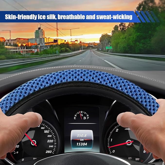 Elastic Stretch Steering Wheel Cover, for Men Women (Blue) | 15" Breathable Microfiber Ice Silk Steering Wheel Protector, Universal Anti-Slip Warm in Winter&Cool in Summer Car Accessory