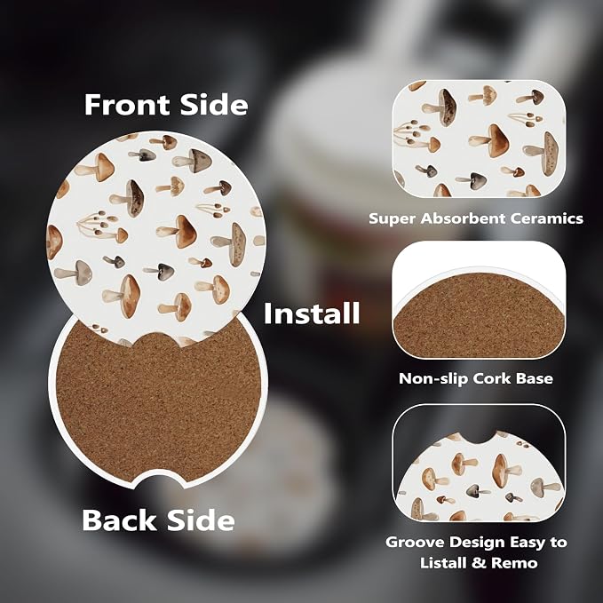 Ceramic Car Cup Coasters 2PCS - Tasty Mushroom | with Cork Back & Finger Slot, Anti-Slip Shock Absorbing, Universal Car Interior Accessories for Men Women