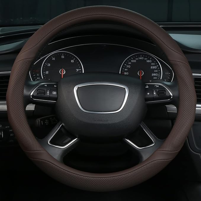 ALEMODR Brown Leather Steering Wheel Cover Universal 15 inch