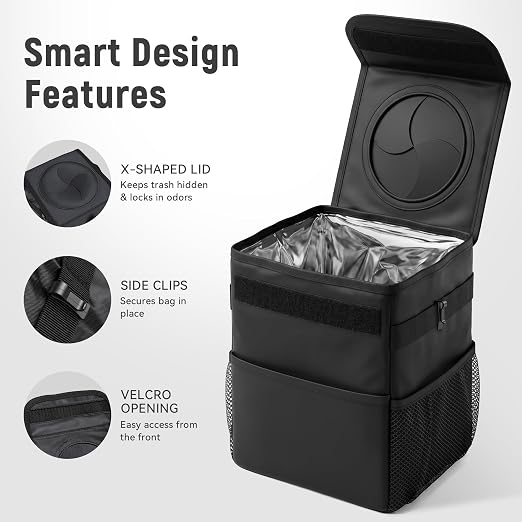 Car Trash Can with Lid - 1.7 Gallon Waterproof Leak-Proof Car Garbage Bin, Oxford Fabric Collapsible Organizer with Storage Pockets, Adjustable Strap for Headrest for SUV Truck Sedan, Black