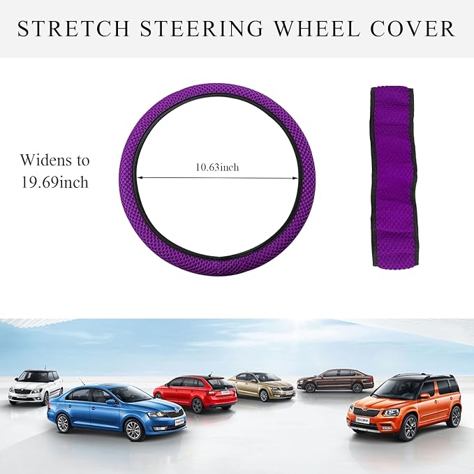 Yourkar Elastic Steering Wheel Cover, 15"×15" Comfy Breathable Stretch Steering Wheel Protector, Ice-Silk Cloth Polyester Steering Wheel Cover for Men Women, Car Accessories (Dark Purple)