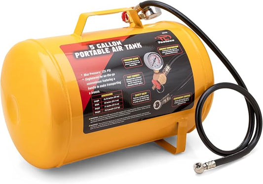 TOOLUXE 30010L 5 Gallon Air Tank, Portable Air Tank, 125 PSI Maximum Pressure, Horizontal Air Compressor Tank, 1/4" NPT 40 Inch Industrial Hose & Chuck, 140 PSI Safety Valve